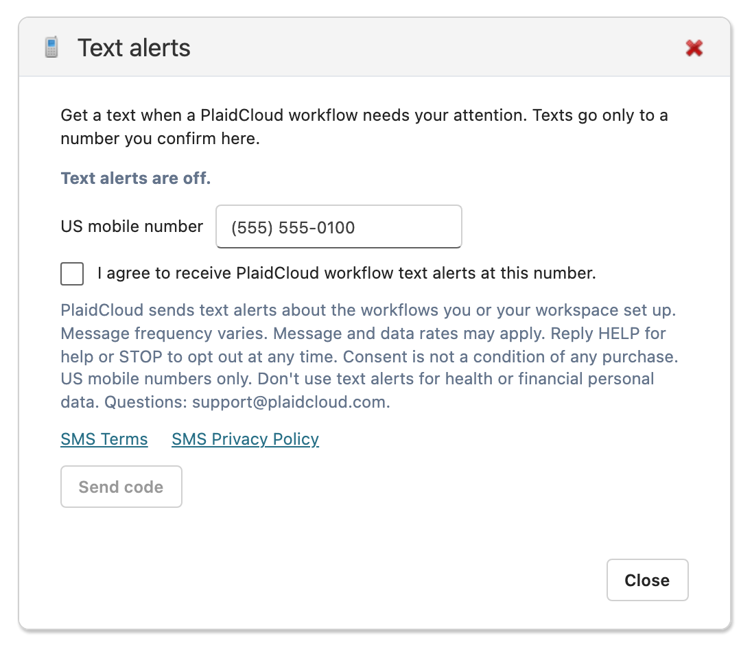 The PlaidCloud Text alerts dialog with a mobile number field, the unchecked consent checkbox and the disclosure text