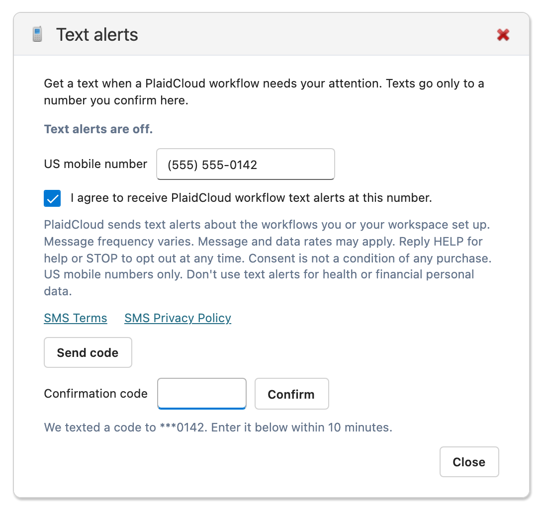 The PlaidCloud Text alerts dialog after Send code, with the 6-digit confirmation code field and Confirm button
