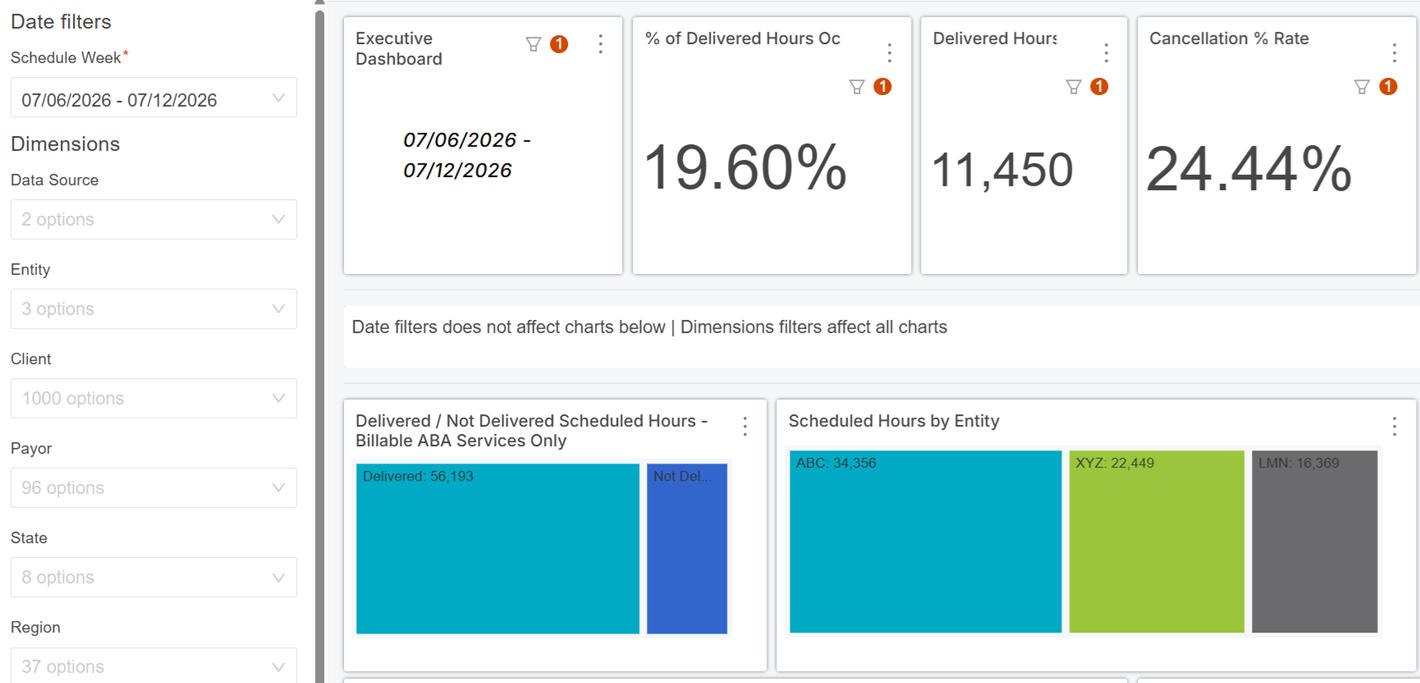 PlaidCloud ABA Services Executive Dashboard showing delivered hours, cancellation rate, and scheduled hours by entity